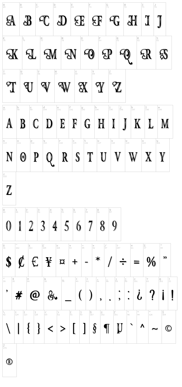 Hunter Heart font map